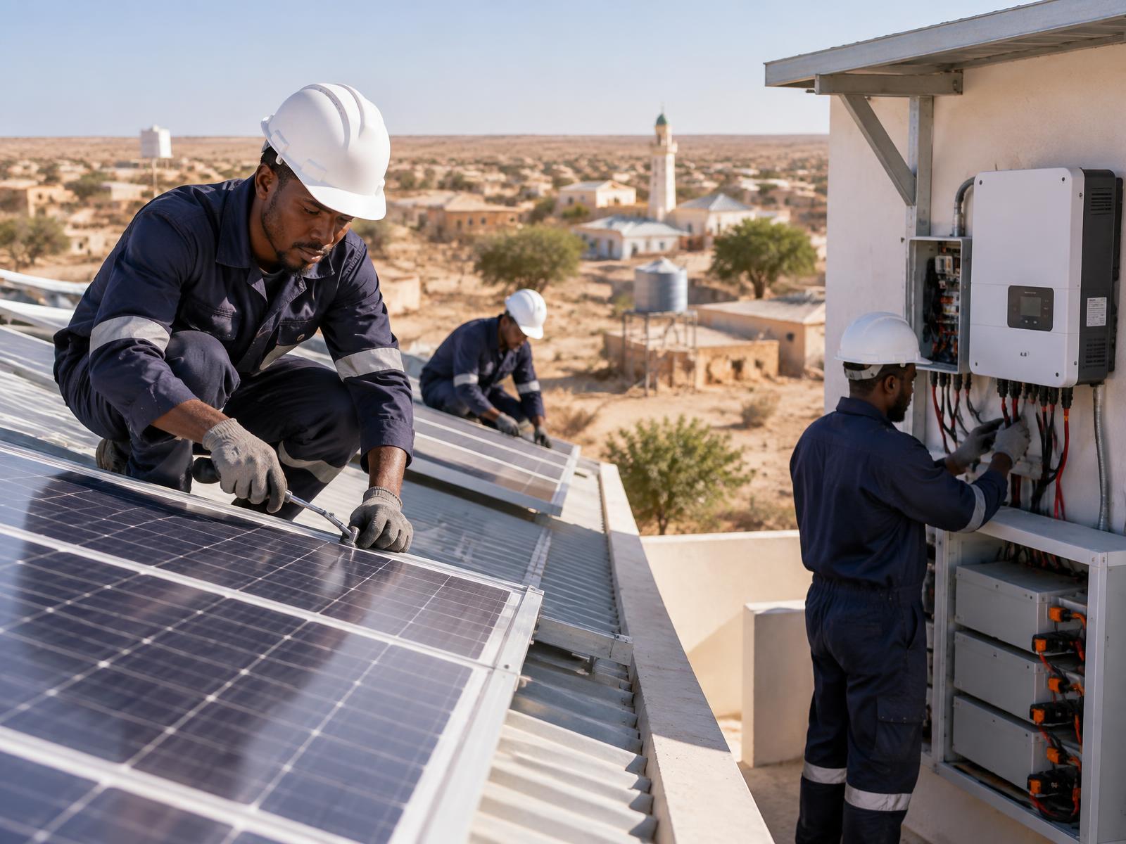 Solar technicians installing panels and battery storage in Puntland